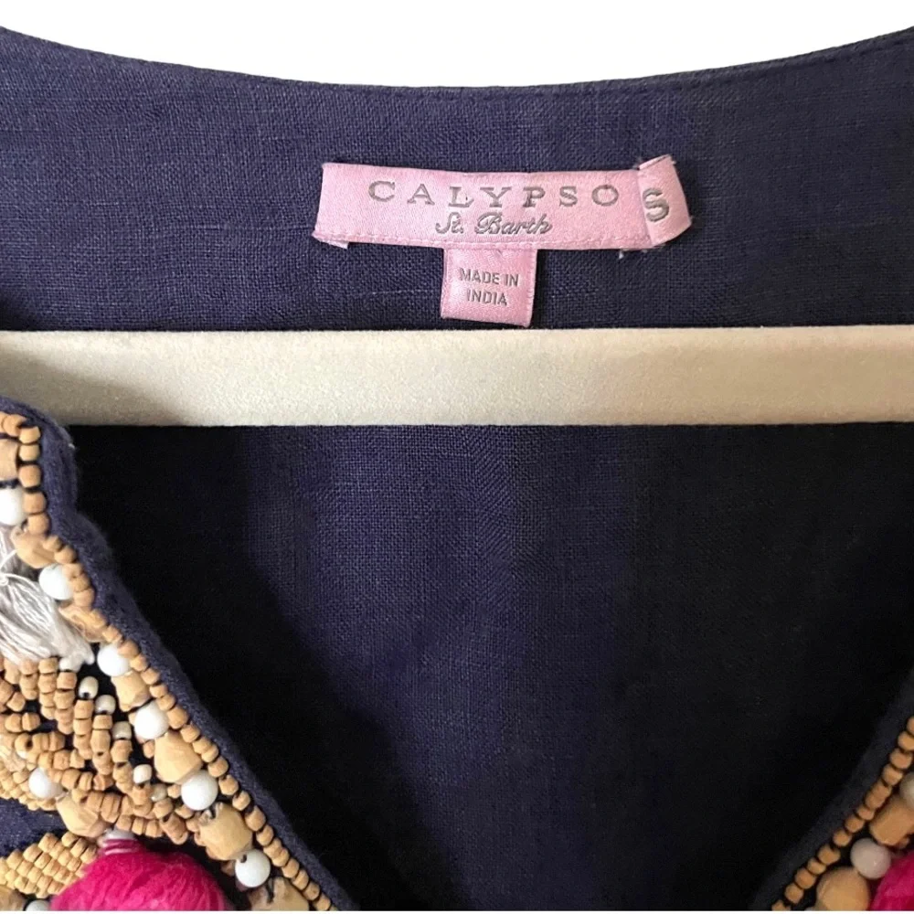 Calypso St. Barth Navy Blue Linen Wood Beaded Embroidered Tunic Top s‎ - Picture 5 of 10
